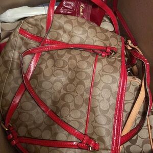 Coach Brown and Red Signature Shoulder Bag